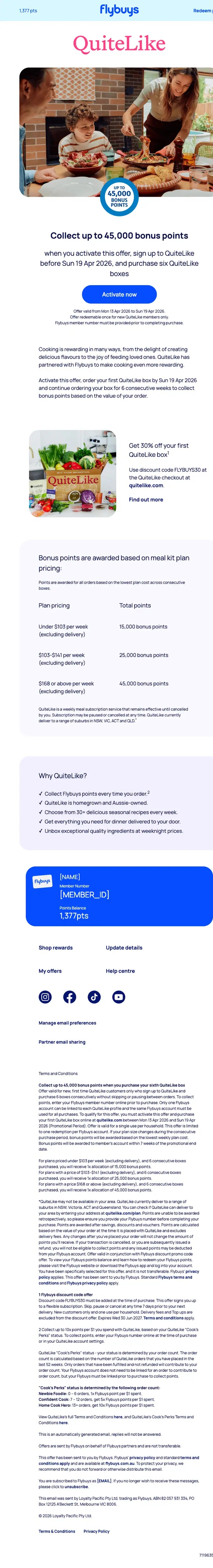 Flybuys promotional email, full length