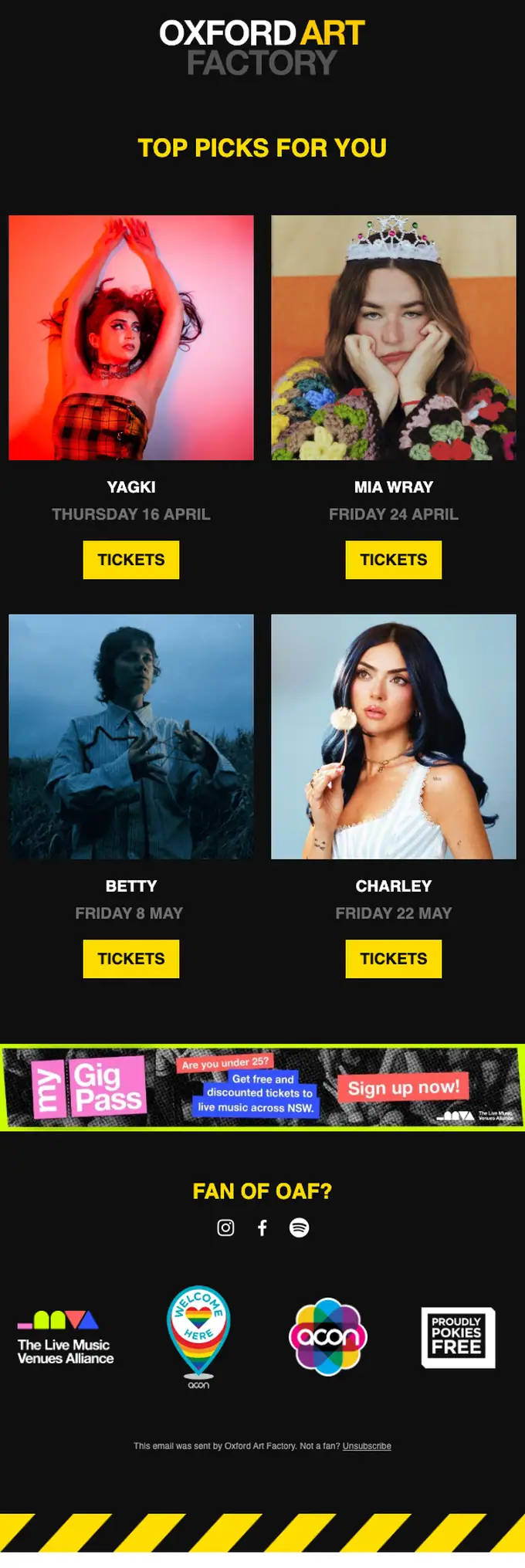 Oxford Art Factory promotional email, full length