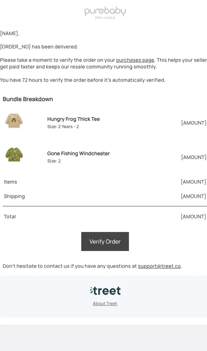 Purebaby Pre-Loved delivery email, full length