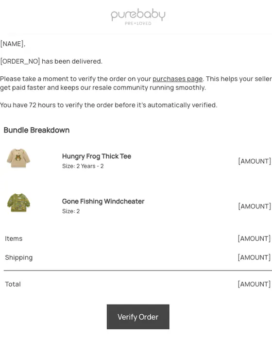 Purebaby Pre-Loved delivery email