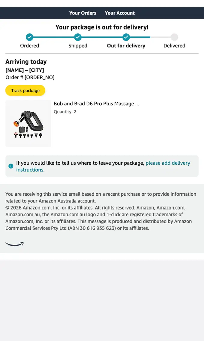 Amazon.com.au delivery email, full length