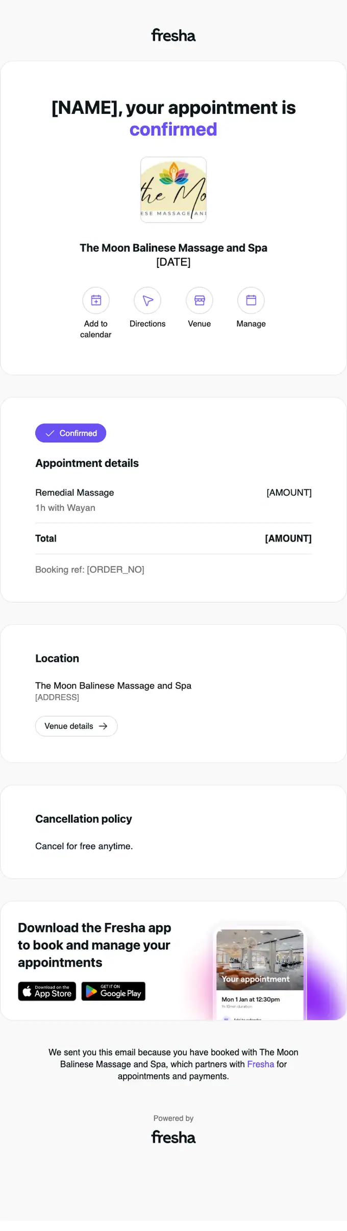 The Moon Balinese Massage and Spa appointment email, full length