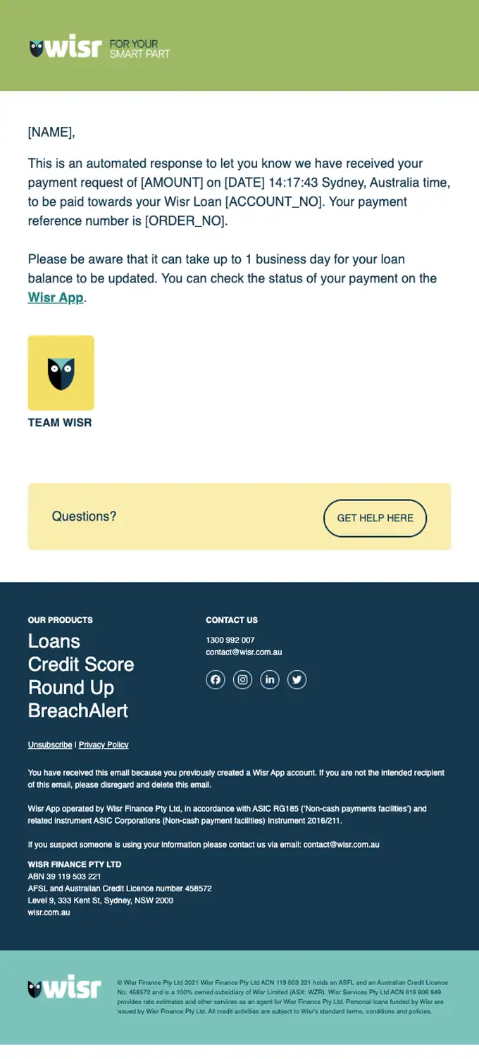 Wisr payment confirmation email, full length
