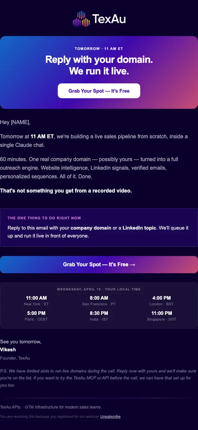 TexAu event invite email, full length