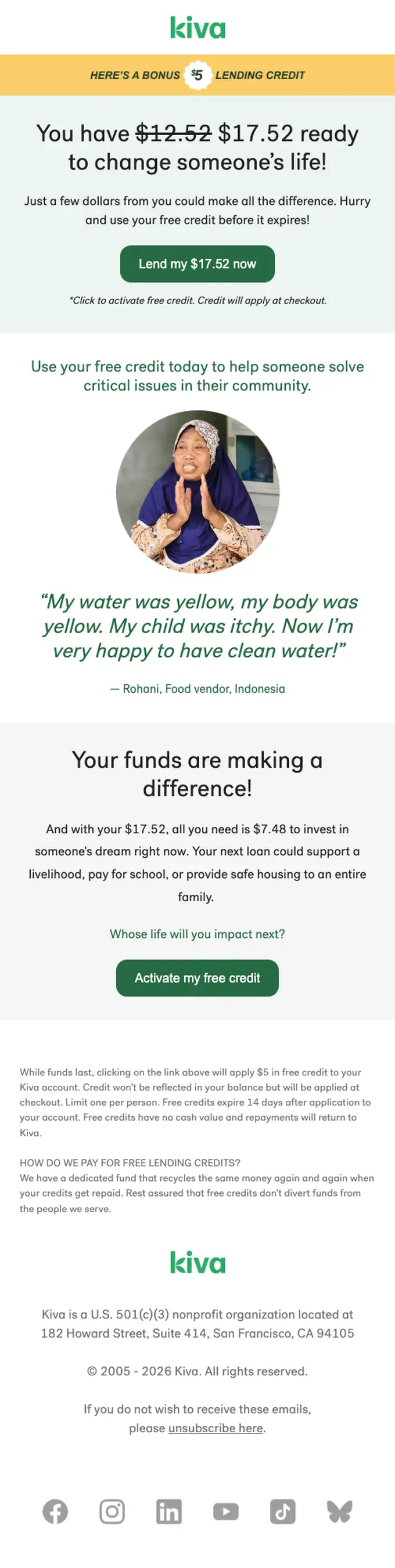 Kiva promotional email, full length