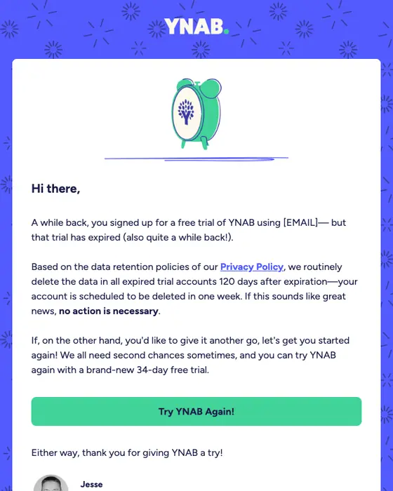 YNAB expiration notice email