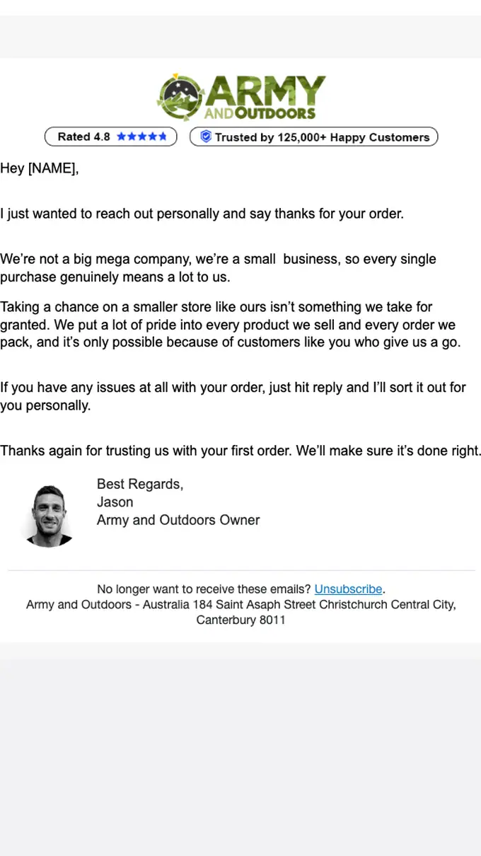 Army & Outdoors thank you email, full length