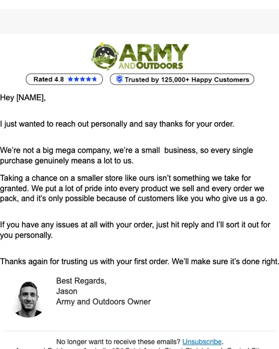 Army & Outdoors thank you email