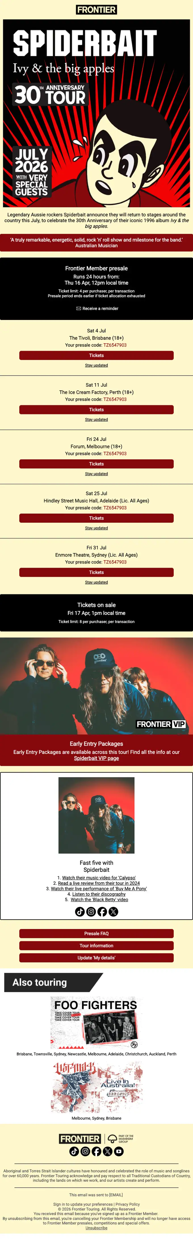 Frontier Touring promotional email, full length