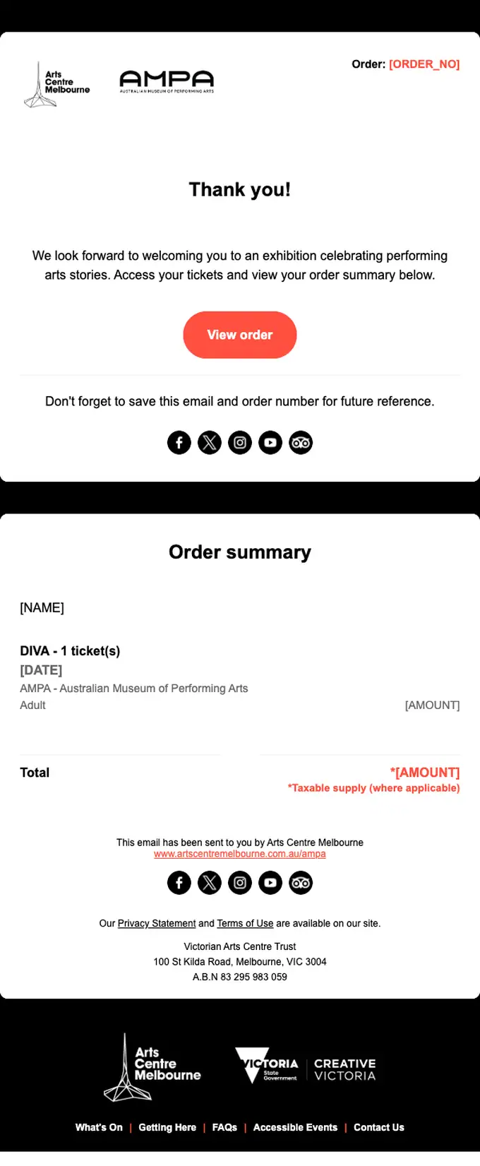 Arts Centre Melbourne order confirmation email, full length