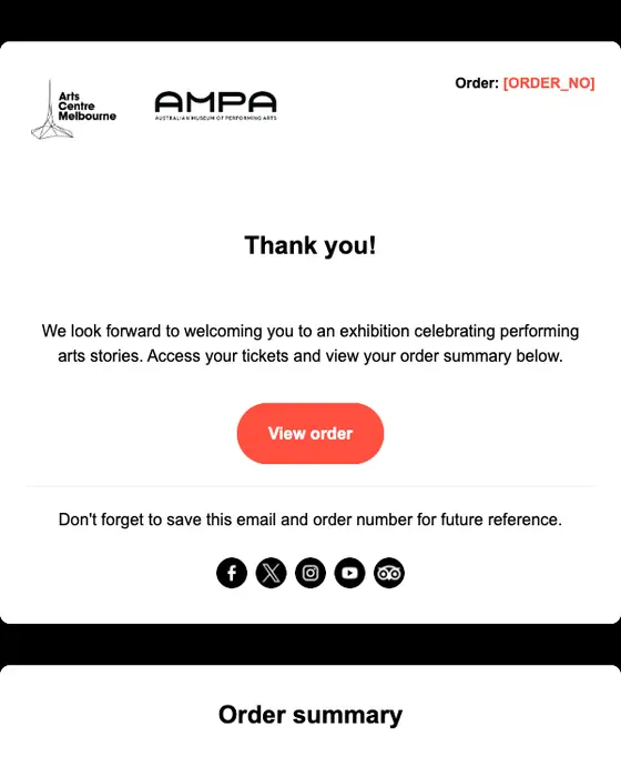 Arts Centre Melbourne order confirmation email