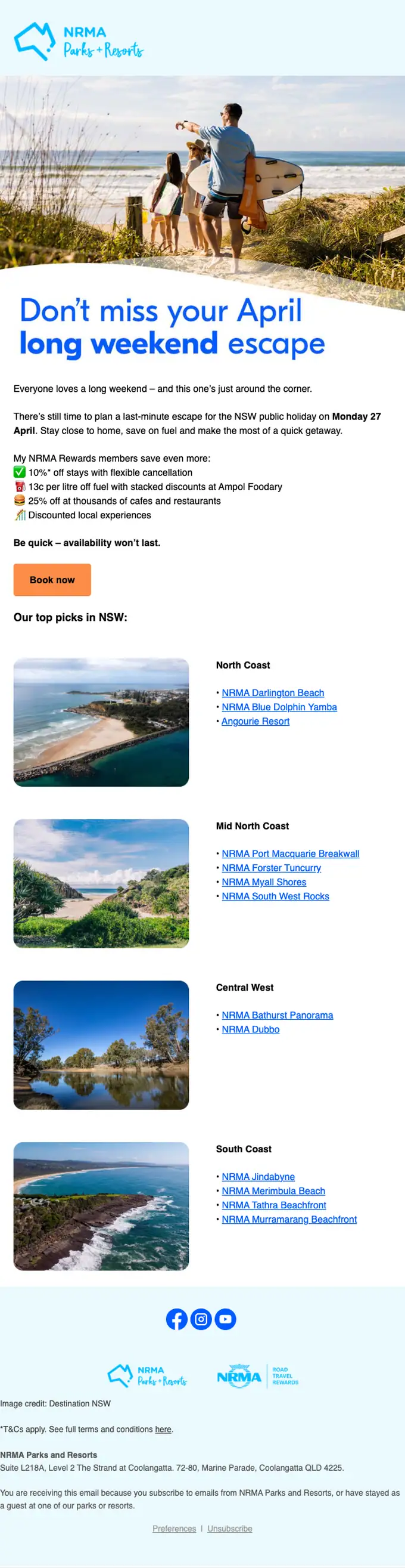 NRMA Parks and Resorts promotional email, full length