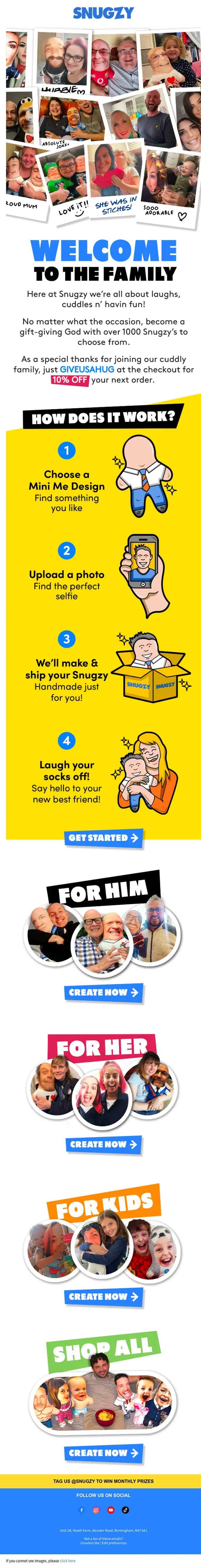 Snugzy welcome email, full length