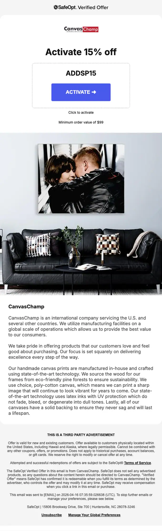 CanvasChamp discount offer email, full length