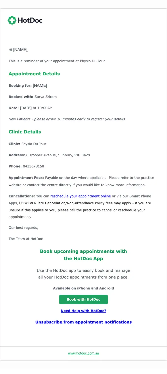 HotDoc appointment email, full length