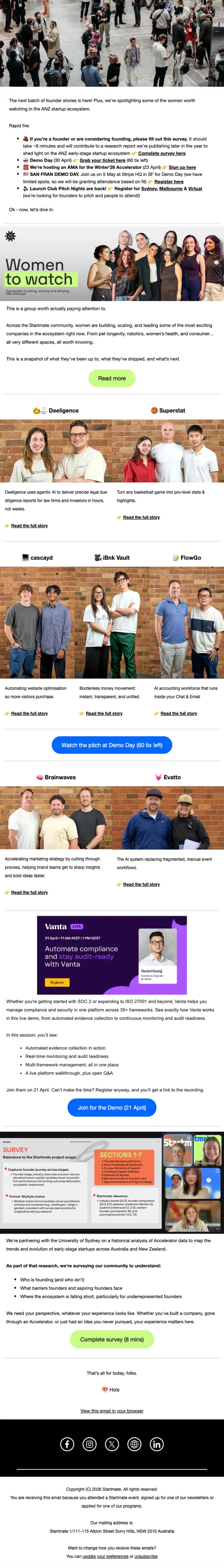 Startmate newsletter email, full length