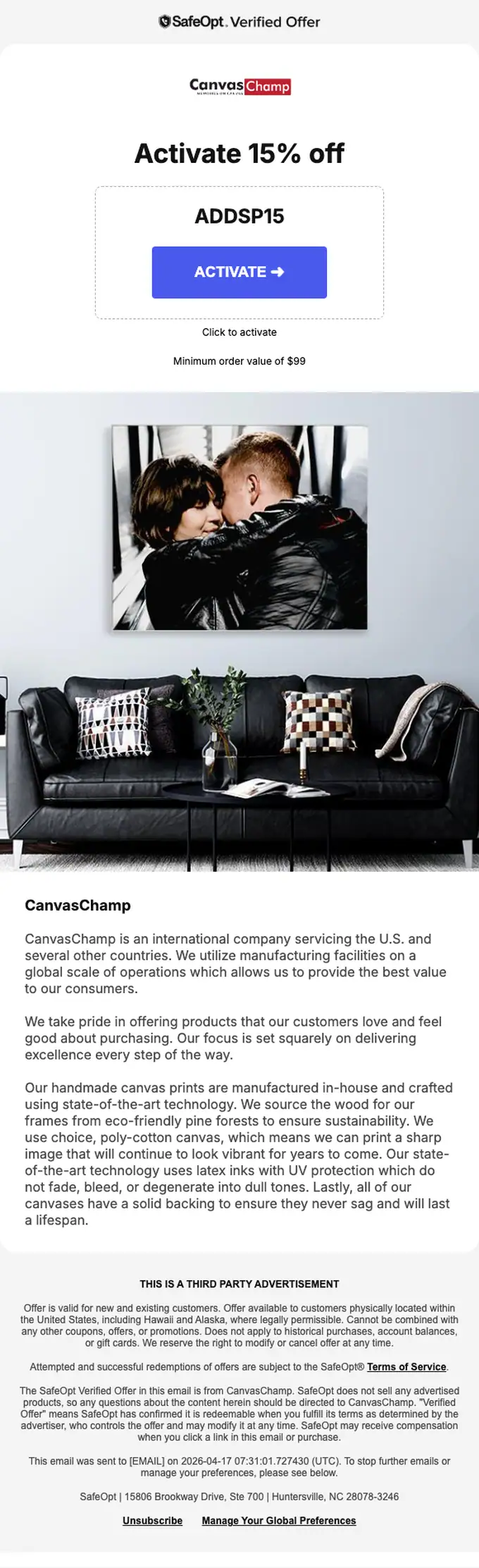 CanvasChamp discount offer email, full length