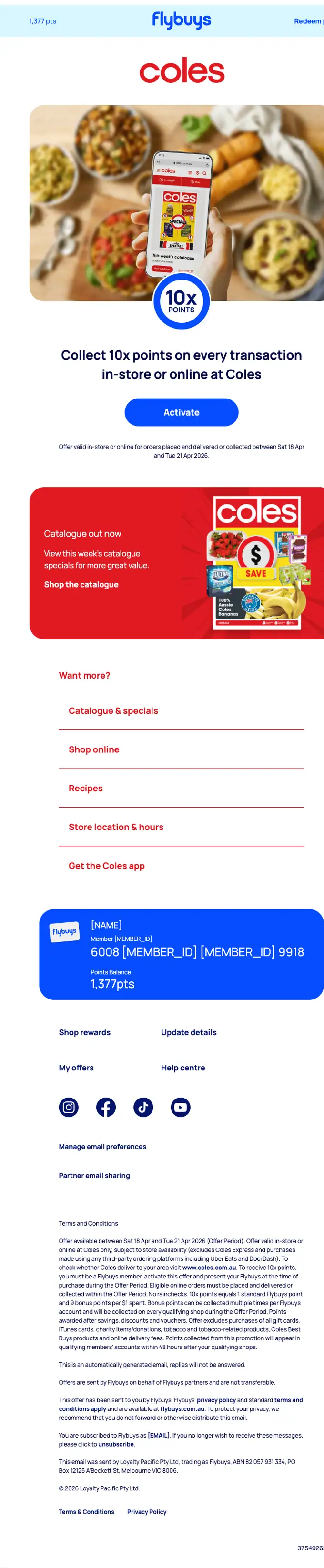 Coles at Flybuys promotional email, full length