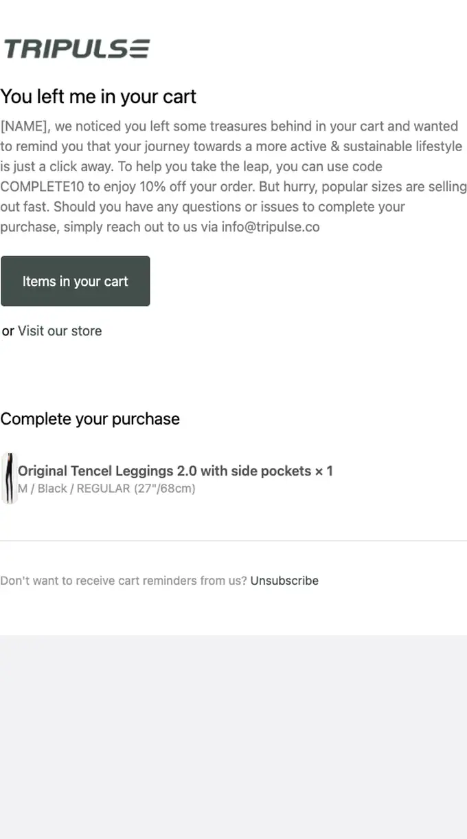 Tripulse abandoned cart email, full length