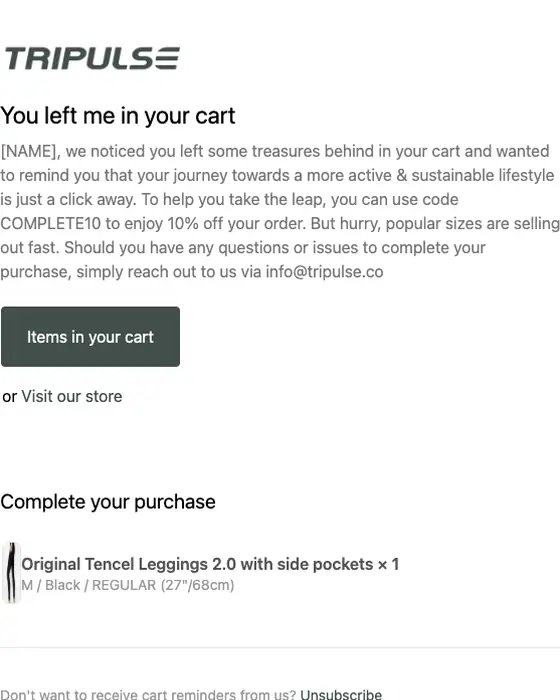 Tripulse abandoned cart email