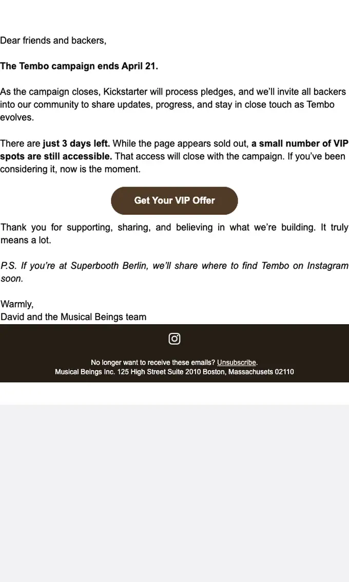 Musical Beings expiration notice email, full length