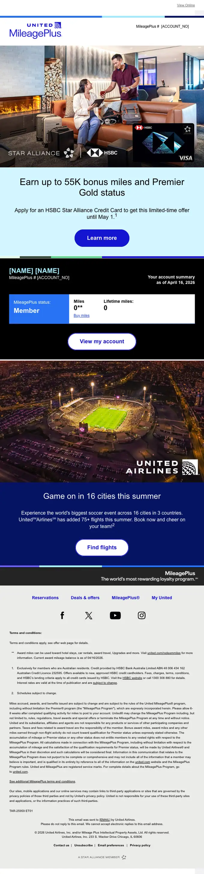 United Airlines account notice email, full length