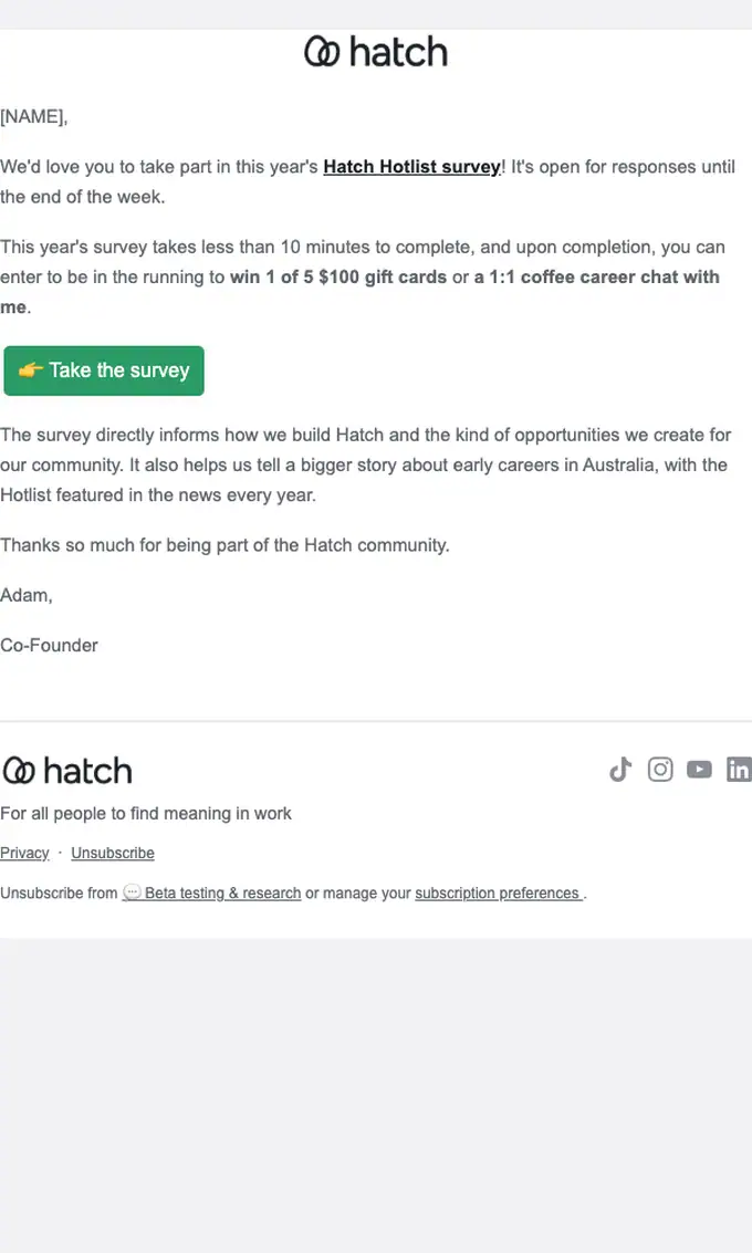 Hatch survey email, full length