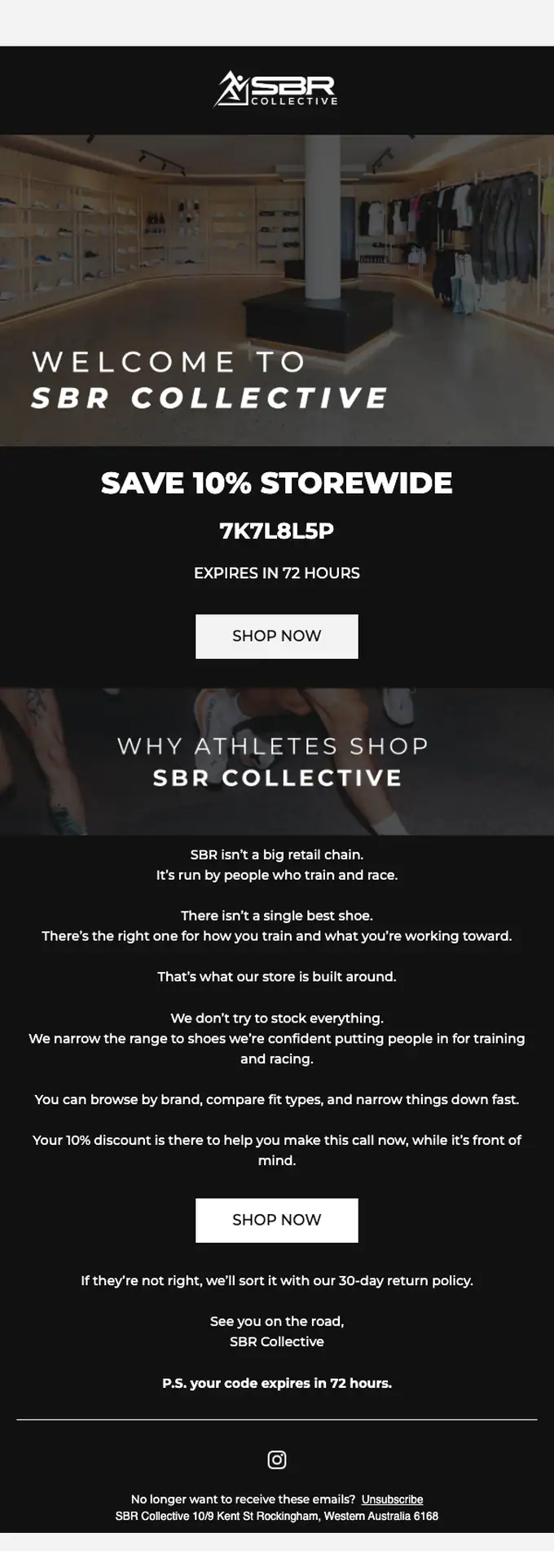SBR Collective welcome email, full length