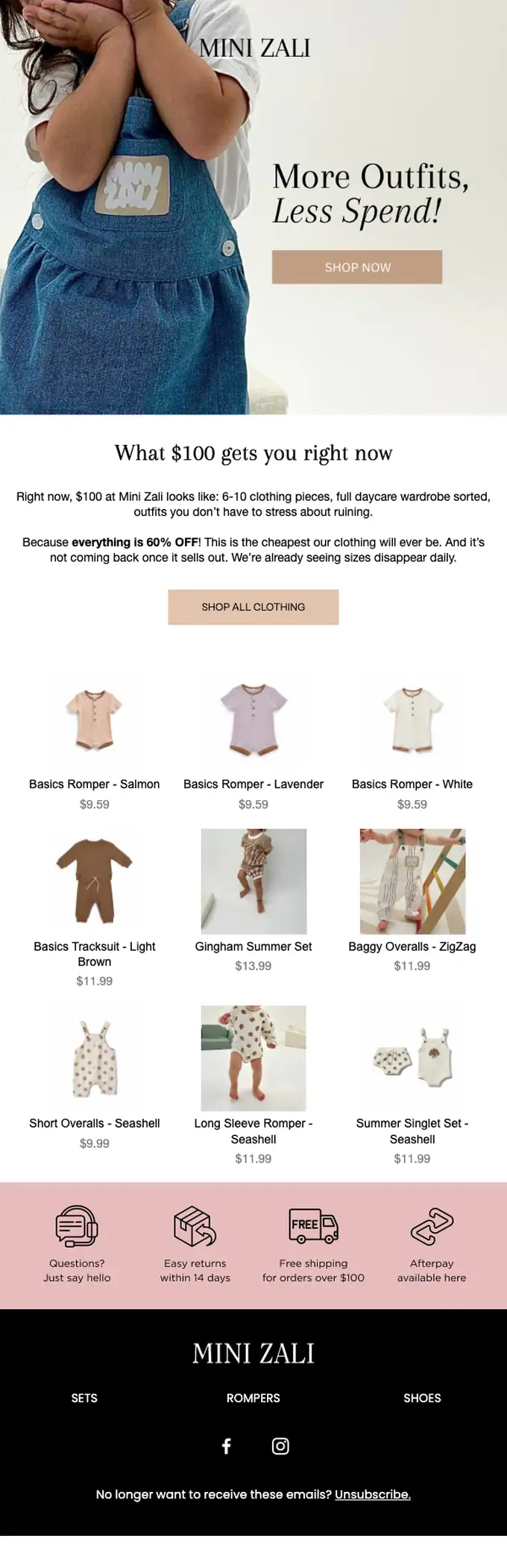 Mini Zali promotional email, full length