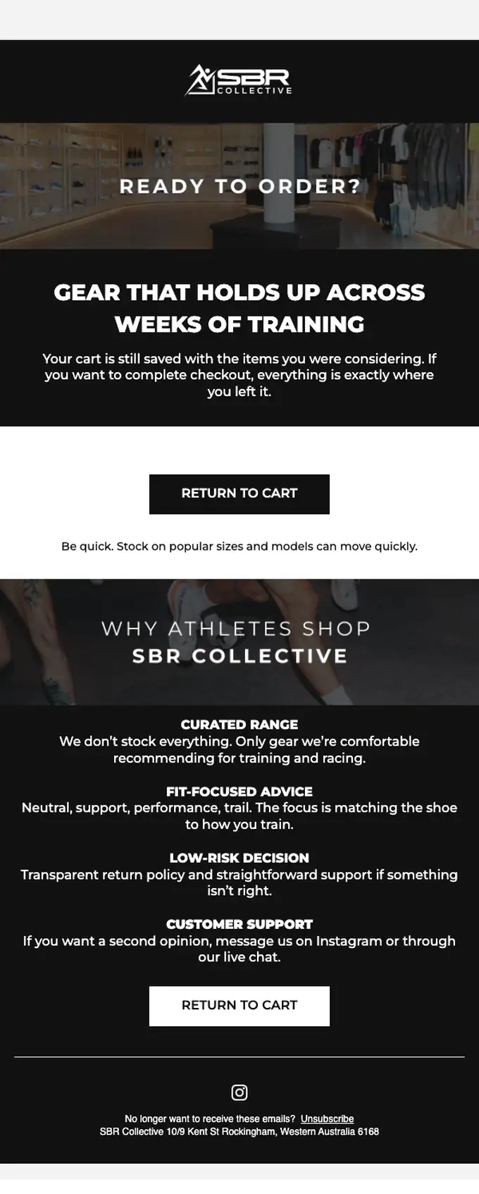 SBR Collective abandoned cart email, full length