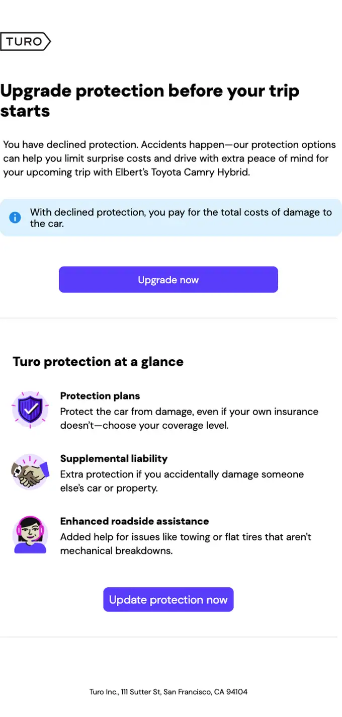 Turo account notice email, full length