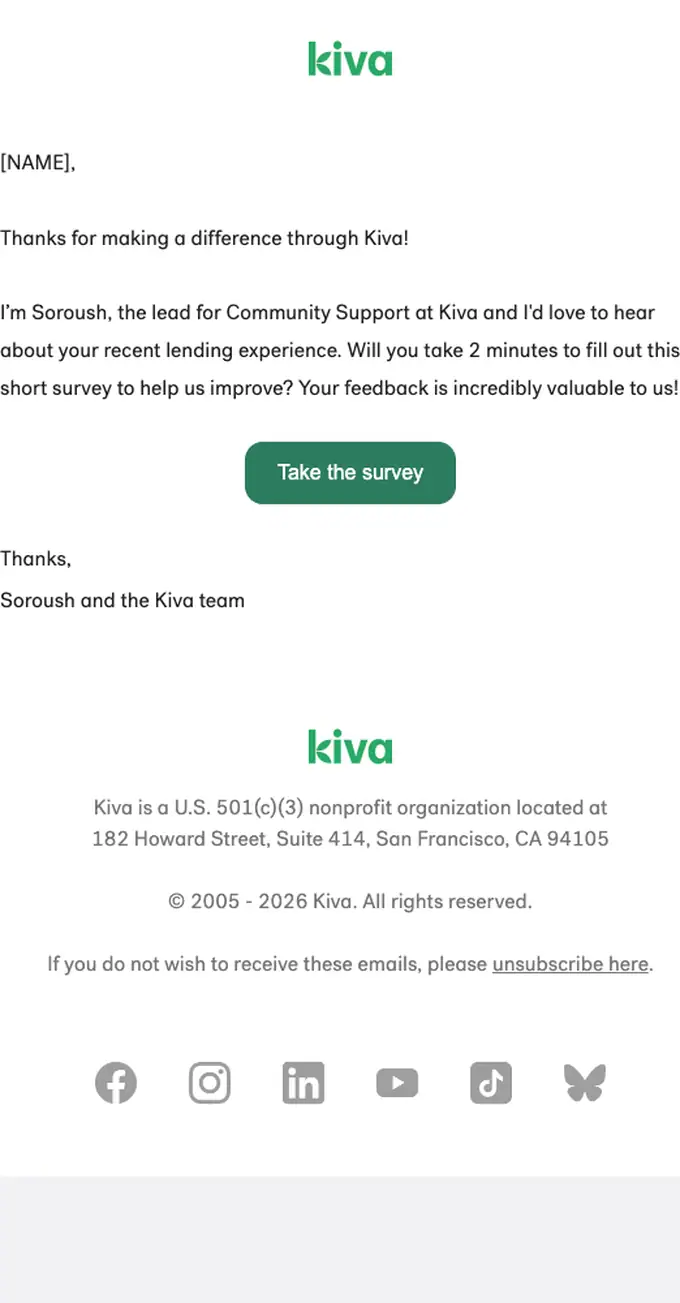 Kiva survey email, full length