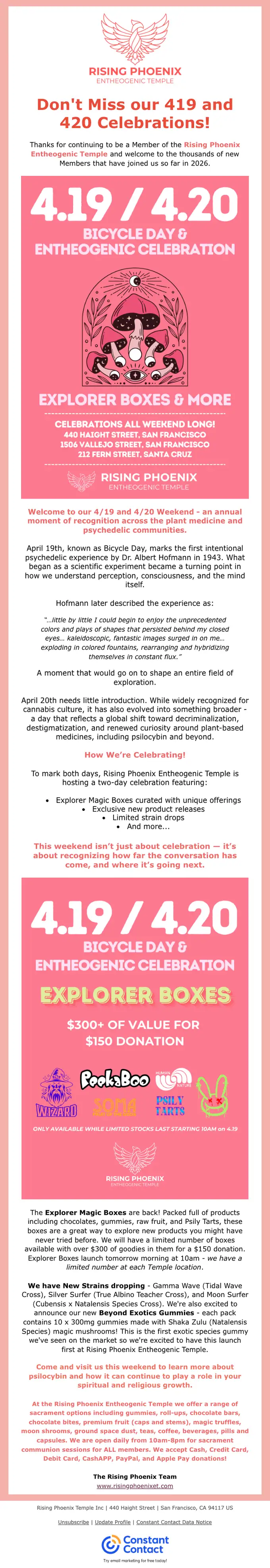 Rising Phoenix Entheogenic Temple promotional email, full length