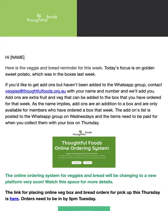 Thoughtful Foods order reminder email