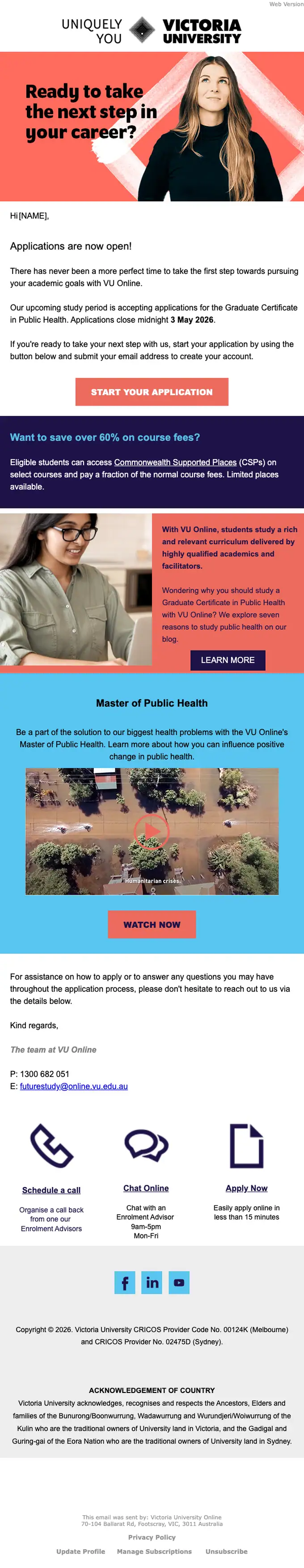 Victoria University Online promotional email, full length