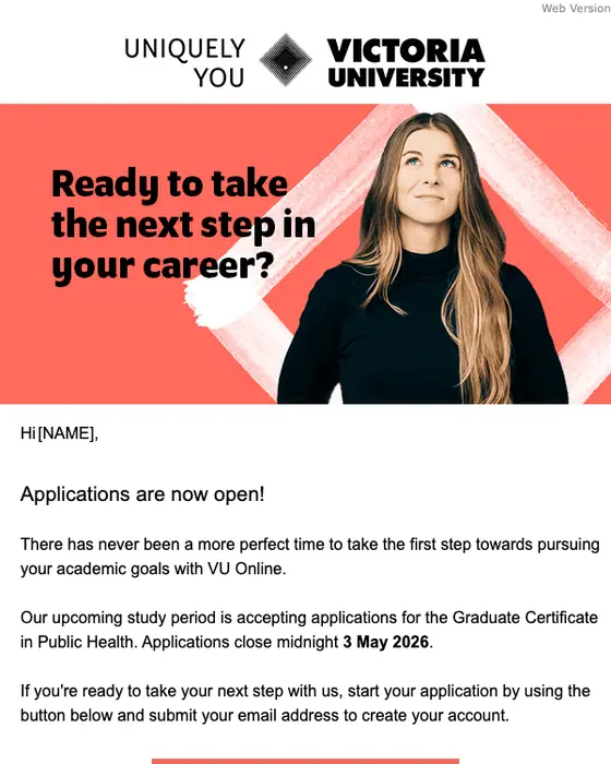 Victoria University Online promotional email: Applications are closing soon