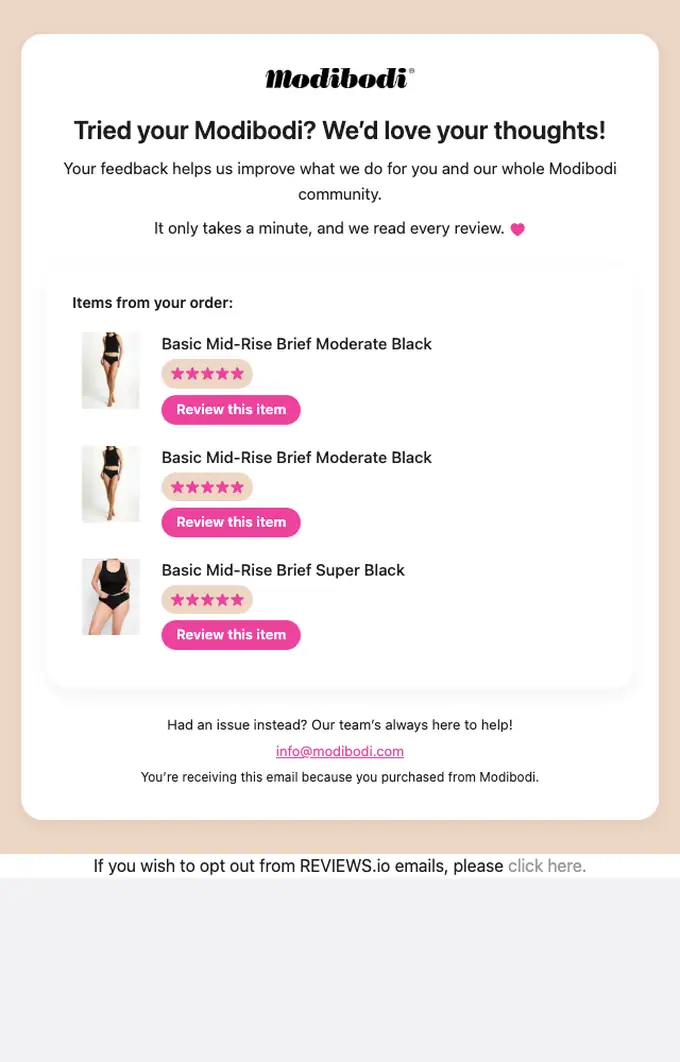 Modibodi survey email, full length