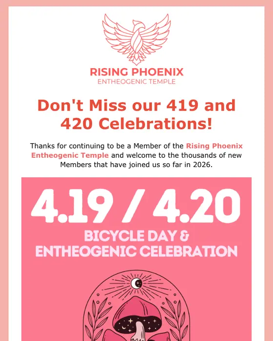 Rising Phoenix Entheogenic Temple promotional email