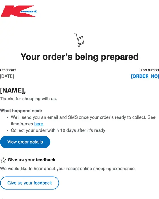 Kmart order confirmation email