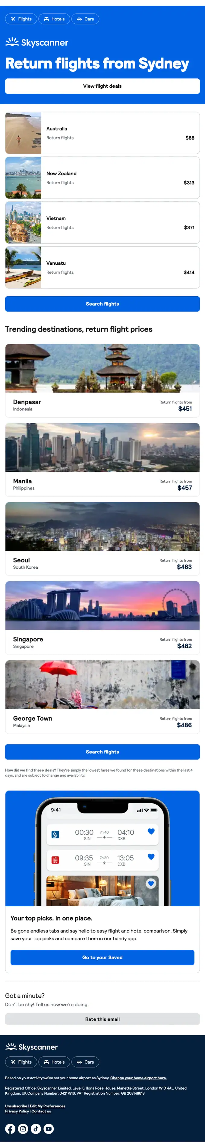 Skyscanner price drop email, full length