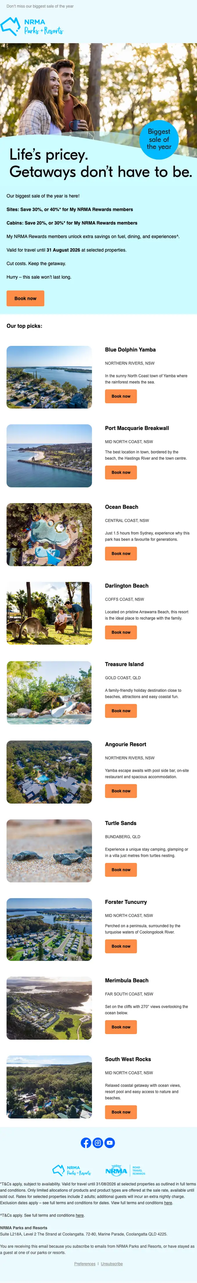 NRMA Parks and Resorts promotional email, full length