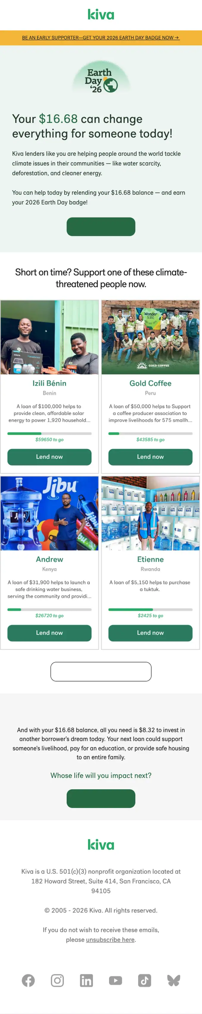 Kiva promotional email, full length