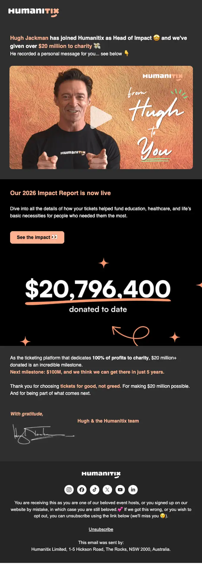 Humanitix promotional email, full length
