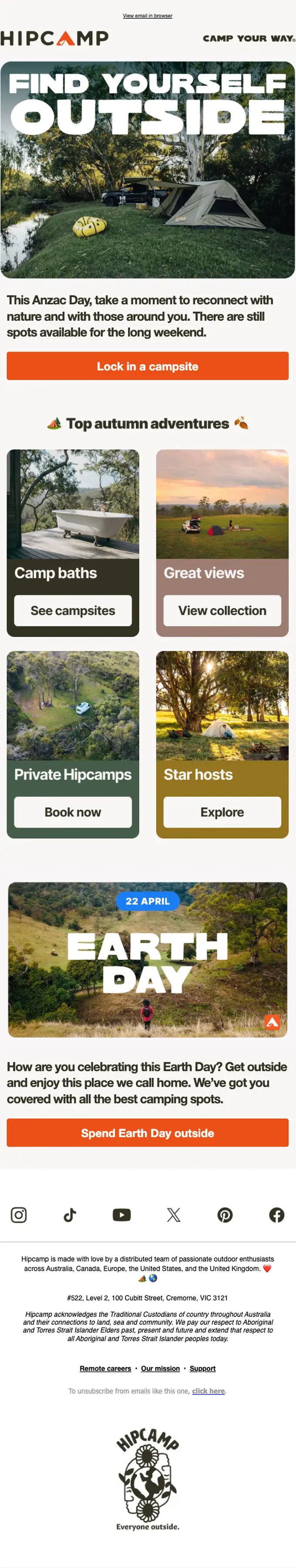 Hipcamp promotional email, full length