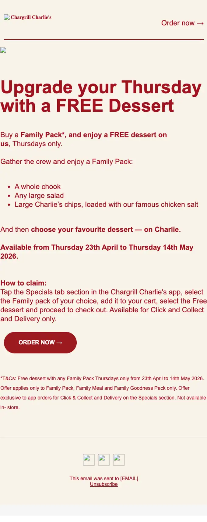 Chargrill Charlie's promotional email, full length