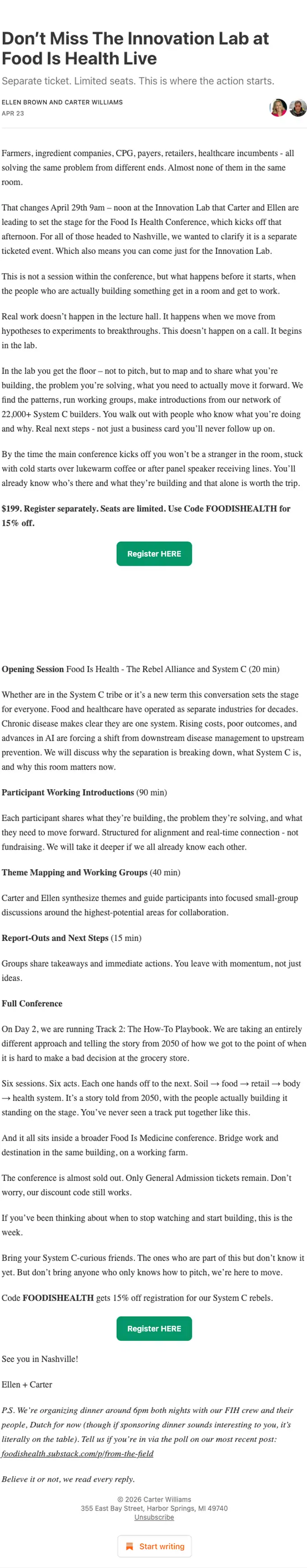 Food is Health Revolution - Ellen Brown & Carter Williams event invite email, full length