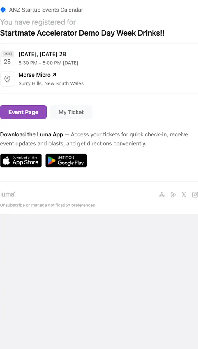 ANZ Startup Events Calendar booking confirmation email, full length