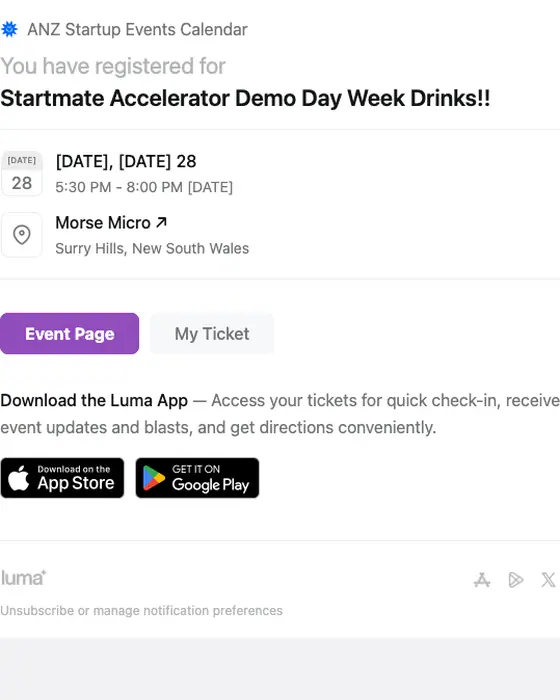 ANZ Startup Events Calendar booking confirmation email