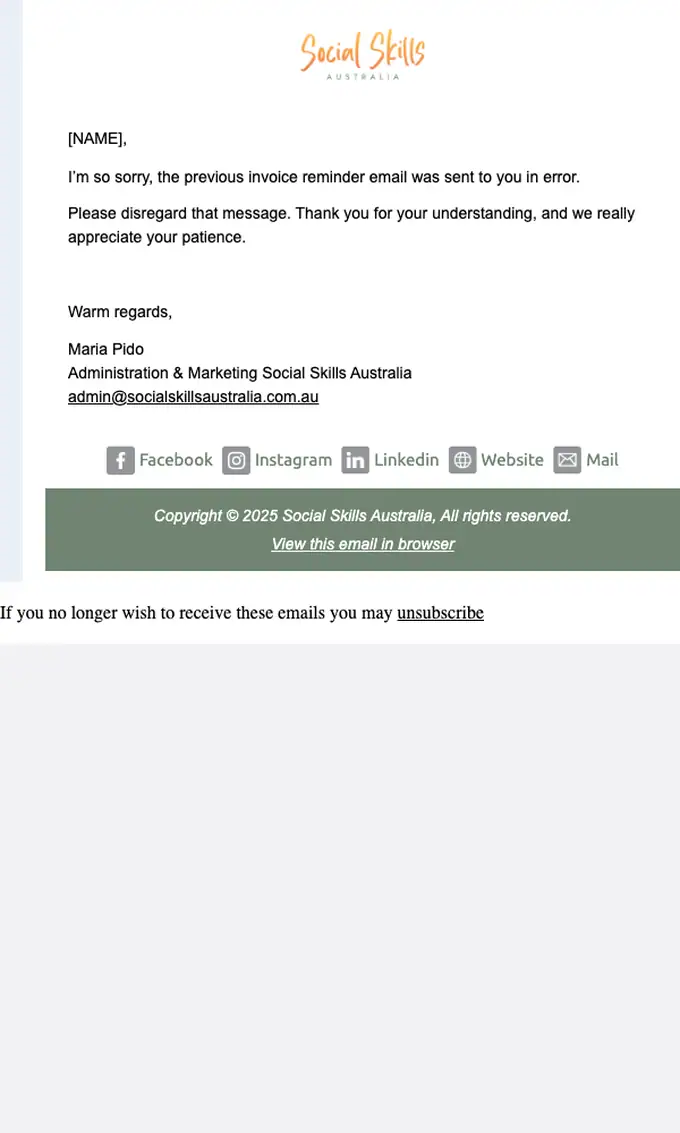 Social Skills Australia account notice email, full length