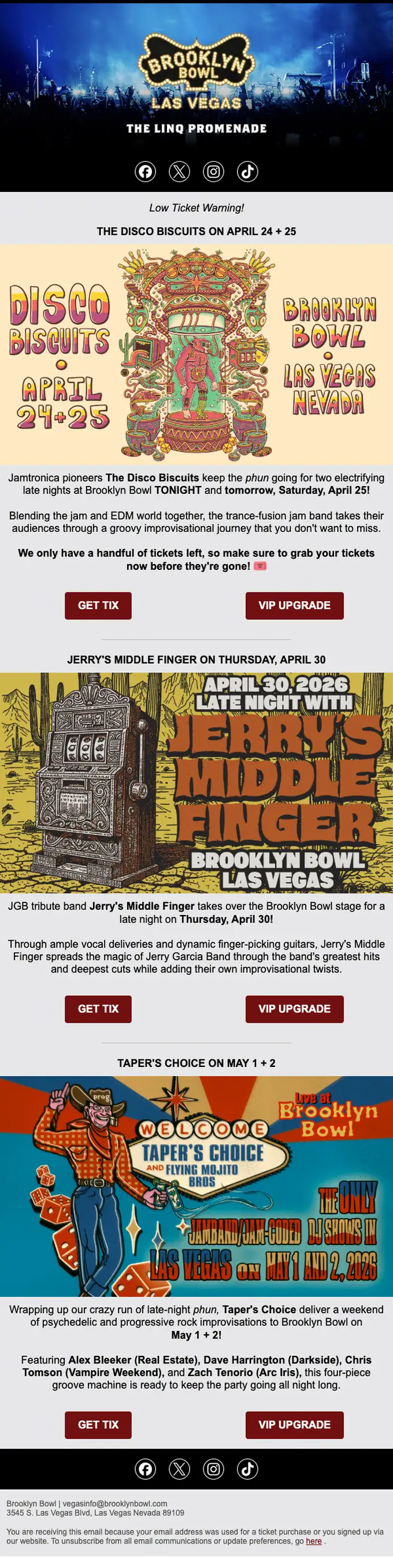 Brooklyn Bowl Las Vegas promotional email, full length